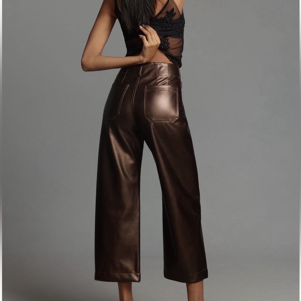Anthropologie Colette Cropped Wide Leg Pant by Maeve: Faux Leather Brown Size 27